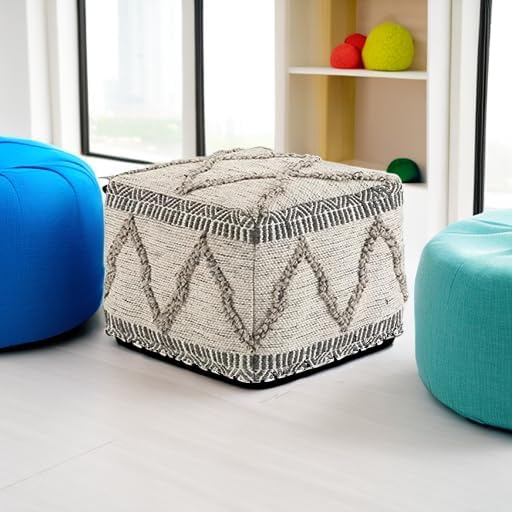 SIMPLIHOME Sweeney Boho Square Pouf in Grey, Natural Handloom Woven Pattern for the Living Room, Bedroom and Kids Room