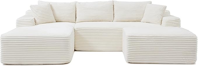 108 Inch Cloud Sectional Couch,Modern Modular Sectional Sofa with Deep Seat,Corduroy Boneless Couches with L-Shape Chaise for Living Room,No Assembly Required (Beige, Left Facing Chaise + Ottoman)