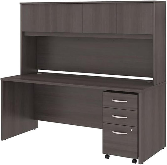 Pemberly Row Engineered Wood 72W Office Desk with Hutch and Drawers in Gray