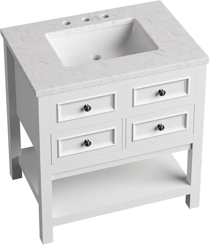 Hanover Roseville 31'' Vanity Cabinet with Sink Combo for Bathroom, Powder Room | Pre-Assembled Cabinet | 2 Drawers, Bottom Shelf | Artificial Stone Countertop | White Cabinet | HANVN0108-31-1WH