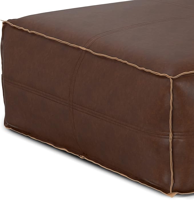 SIMPLIHOME Brody 36-inch Wide Extra Large Square Coffee Table Pouf in Distressed Dark Brown Vegan Faux Leather, Boho-Style Ottoman, Footrest, or Extra Seating for Living Room, Assembled