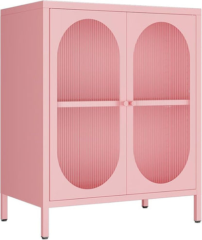 Display Cabinets with 2 Acrylic Doors，Small Pantry Cabinet, Storage Closet with Adjustable Shelf and High Feet, Pink Cabinet for Home, Office, Living Room,Dining Room,Sideboard, Hallway and Entryway
