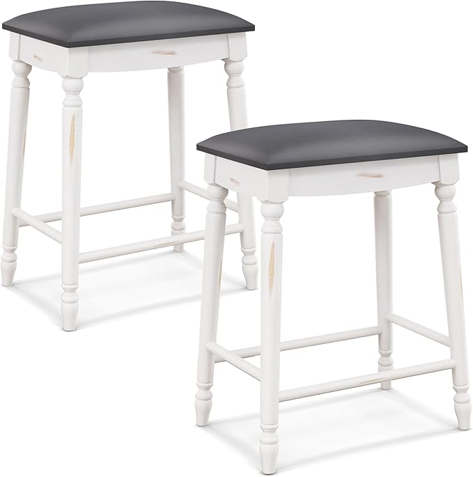 COSTWAY Upholstered Bar Stools Set of 2, 24-Inch Backless Counter Height Dining Stools with Delicate Wood Carving, Footrest, Solid Rubber Wood Frame, Farmhouse BarStools for Kitchen Island Bar, White