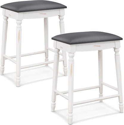 COSTWAY Upholstered Bar Stools Set of 2, 24-Inch Backless Counter Height Dining Stools with Delicate Wood Carving, Footrest, Solid Rubber Wood Frame, Farmhouse BarStools for Kitchen Island Bar, White