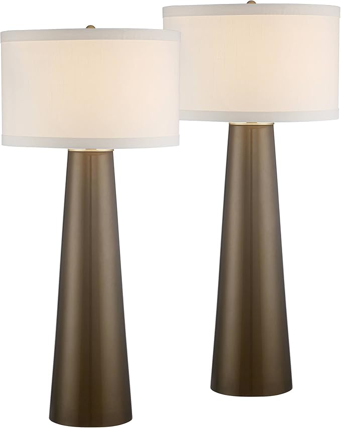 Possini Euro Design Karen 36" Tall Large Mid Century Modern End Table Lamps Set of 2 Dark Gold Glass Living Room Bedroom Bedside Nightstand House Office Home Reading Kitchen Fabric Off-White Shade