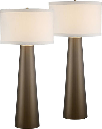 Possini Euro Design Karen 36" Tall Large Mid Century Modern End Table Lamps Set of 2 Dark Gold Glass Living Room Bedroom Bedside Nightstand House Office Home Reading Kitchen Fabric Off-White Shade