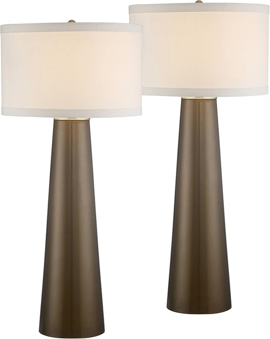 Possini Euro Design Karen 36" Tall Large Mid Century Modern End Table Lamps Set of 2 Dark Gold Glass Living Room Bedroom Bedside Nightstand House Office Home Reading Kitchen Fabric Off-White Shade