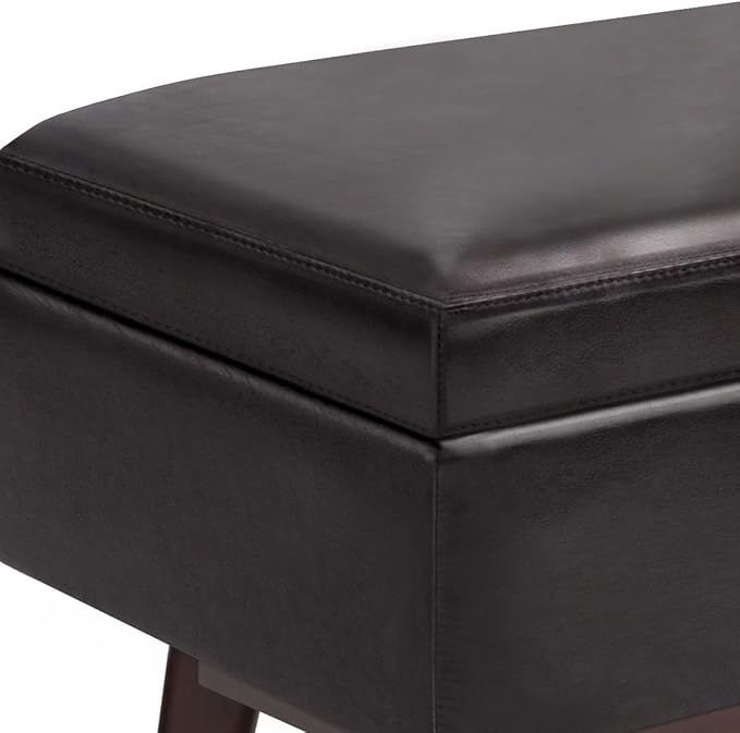 SIMPLIHOME Owen 48 inch Wide Mid Century Modern Rectangle Rectangular Storage Ottoman in Tanners Brown Vegan Faux Leather, Assembled, for the Living Room, Entryway and Family Room