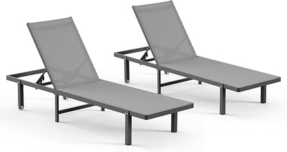 Pool Lounge Chairs Set of 2，Outdoor Lounge Chairs with Wheels and 5-Position Recliner -Easy to Move- Aluminum Patio Lounge Chair for Poolside, Deck (Darkgray)