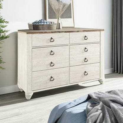 Signature Design by Ashley Willowton Coastal Cottage 6 Drawer Dresser with Faux Plank Top, Whitewash