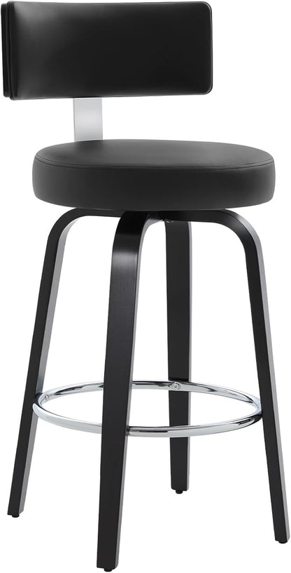 Swivel Counter Height Bar Stools Set of 2, 26" Upholstered Faux Leather Barstools with Back, Mid Century Modern Counter Stools with Black Walnut Wood Legs for Kitchen Island, Black