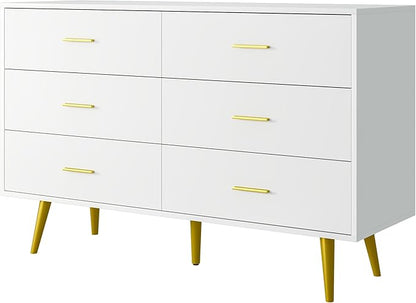 White Dresser for Bedroom with Gold Handles, 6 Drawer Wood Dresser Modern Chest of Organizer Storage Drawers for Hallway, Living Room, TV Stand