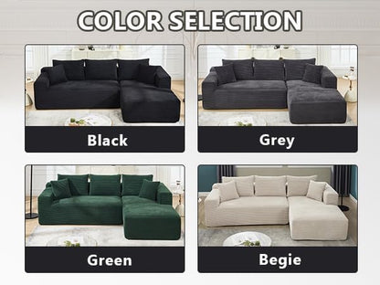 PELUMY 108.7" L-Shaped Modular Sectional Sofa with Oversized Chaise, Cloud Couch with Memory Foam, No Assembly Required Sleeper Sofa for Small Space Living Room, Apartment (Black, Corduroy)