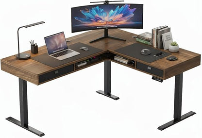 HUANUO Electric L Shaped Standing Desk, 63″x55″ Height Adjustable Corner Computer Desk with 2 Under Desk Drawers & Open Storage Sapce, Sit Stand Up Table with Power Strip Tray & Cable Grommets, Walnut