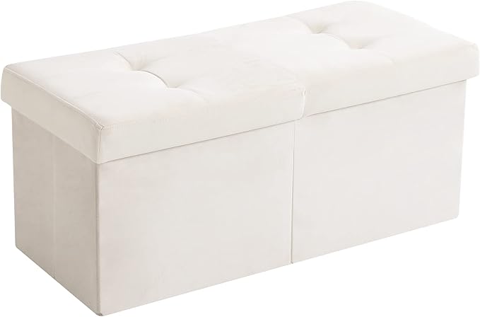 CUYOCA Storage Ottoman Bench Foldable Seat Footrest Shoe Bench End of Bed Storage with Flipping Lid, 75L Storage Space, 30 inches Velvet Cream