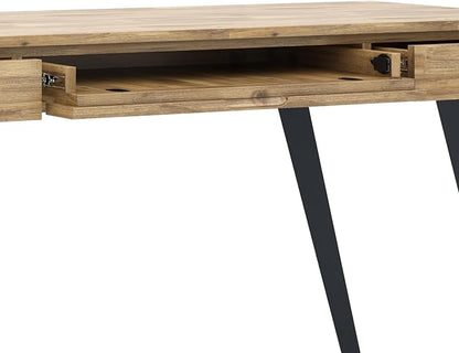 SIMPLIHOME Lowry Desk - 54-Inch Wide Solid Acacia Wood and Metal Writing Desk in Distressed Golden Wheat, Modern Industrial Home Office Computer Table with 2 Drawers and Flip-Down Keyboard Tray