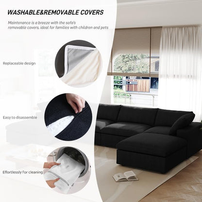 Cloud Couch Modular Sectional Sofa with Storage Ottomans,Oversized Down Filled 8 Seater Convertible Sectional Sofas, Black Wide Deep Seat Couch for Living Room,Covers Washable&Replaceable