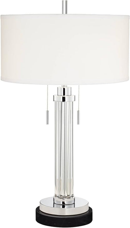 Possini Euro Design Cadence Modern Table Lamp 30" Tall with Round Black Marble Riser Linear Glass Rod White Linen Drum Shade for Bedroom Living Room Nightstand Bedside Night Stand Office Kids Room