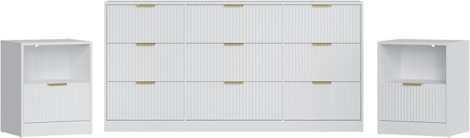3-Piece Modern Bedroom Furniture Set, Wide 9-Drawer Dresser & 1-Drawer Nightstands Set of 2, Natural Wood Dresser and Nightstand Sets for Bedroom, Hallway, White