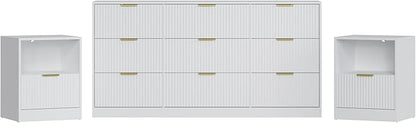 3-Piece Modern Bedroom Furniture Set, Wide 9-Drawer Dresser & 1-Drawer Nightstands Set of 2, Natural Wood Dresser and Nightstand Sets for Bedroom, Hallway, White