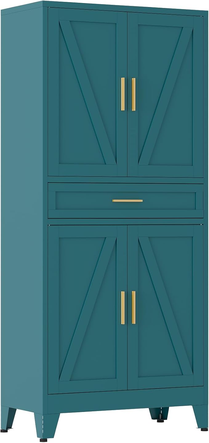 Large Metal Kitchen Pantry Cabinet with Adjustable Shelves - Freestanding Kitchen Storage Cabinet for Dining Room,Livingroom Bathroom, Hallway, Workshop, Office (Blue, 71"-1 Drawer)