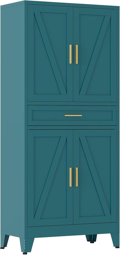 Large Metal Kitchen Pantry Cabinet with Adjustable Shelves - Freestanding Kitchen Storage Cabinet for Dining Room,Livingroom Bathroom, Hallway, Workshop, Office (Blue, 71"-1 Drawer)