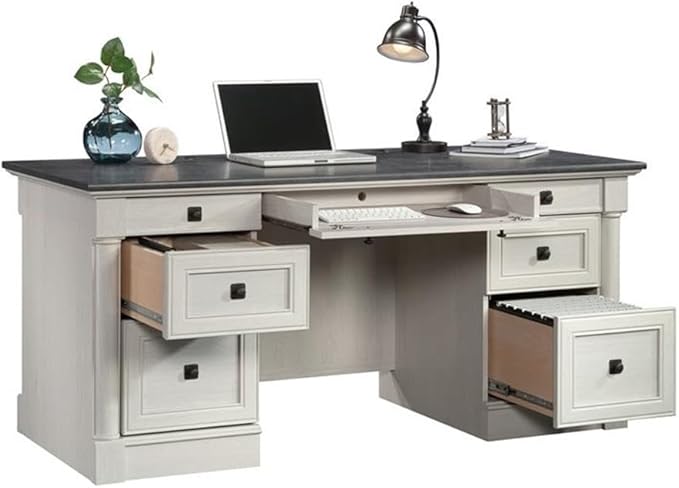 Sauder Palladia Office Desk with Drawers, Executive Desk with File Cabinet Storage, Cable Management, Keyboard Tray, in Glacier Oak Finish