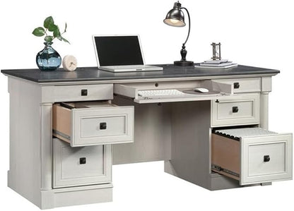 Sauder Palladia Office Desk with Drawers, Executive Desk with File Cabinet Storage, Cable Management, Keyboard Tray, in Glacier Oak Finish