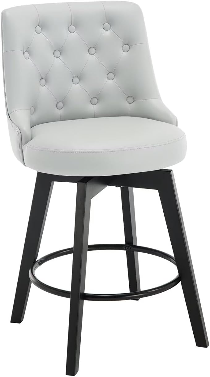 MINCETA Set of 4 Upholstered Bar Stools - 26 Inch Swivel Counter Height Stools with Low Tufted Back, Footrest & Performance Fabric - Round Seat for Kitchen Island & Home Bar Light Gray