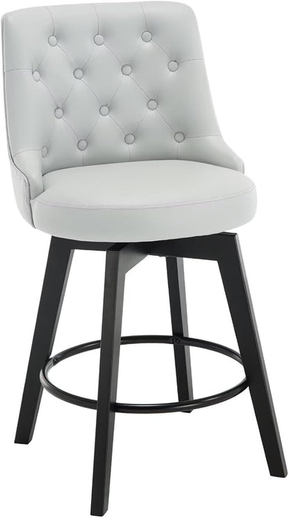 MINCETA Set of 4 Upholstered Bar Stools - 26 Inch Swivel Counter Height Stools with Low Tufted Back, Footrest & Performance Fabric - Round Seat for Kitchen Island & Home Bar Light Gray