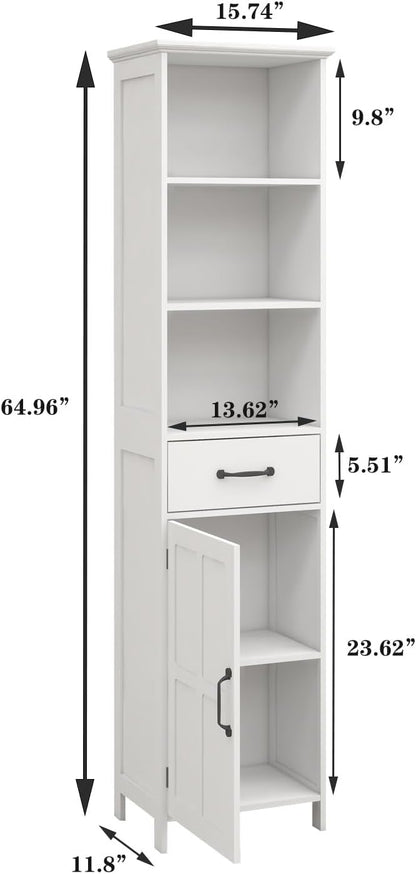 Tall Bathroom Storage Cabinet with Door and Shelves, Narrow Bathroom Cabinet Freestanding, White Slim Storage Cabinet for Home, Kitchen, Anti-Tipping