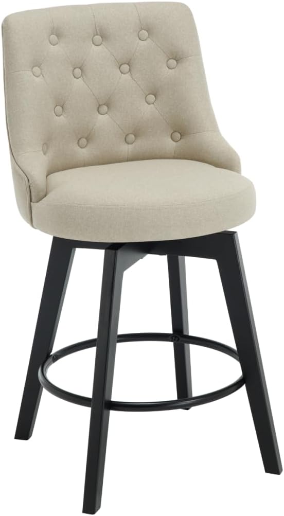 MINCETA Set of 2 Upholstered Bar Stools - 26 Inch Swivel Counter Height Stools with Low Tufted Back, Footrest & Performance Fabric - Khaki Round Seat for Kitchen Island & Home Bar
