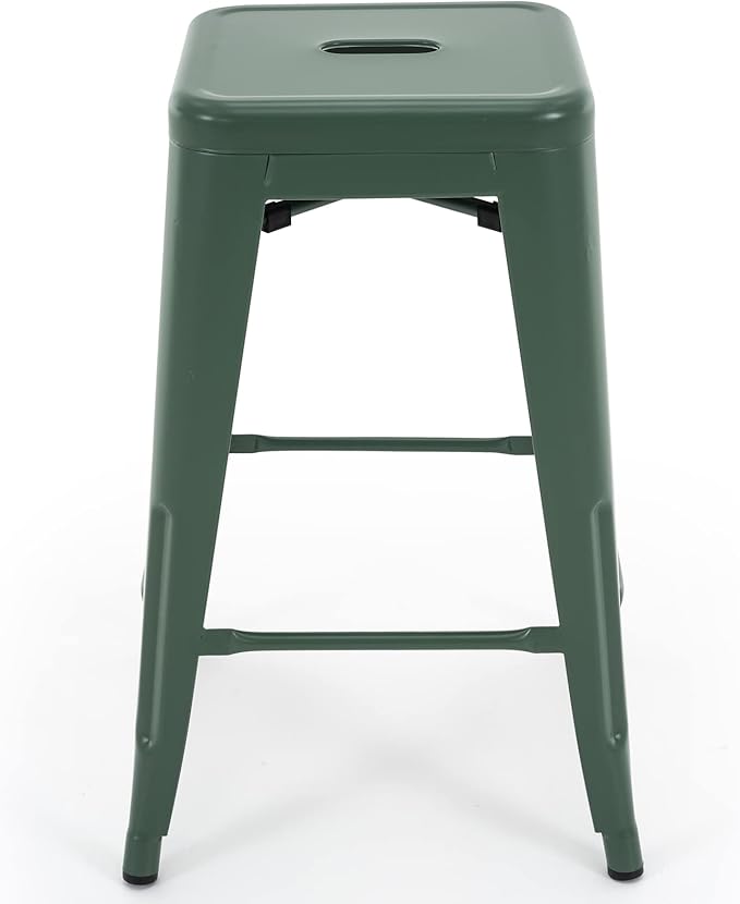 Vogue Furniture Direct 24 Inch Metal Bar Stools, Backless Counter Height Barstools, Indoor Outdoor Stackable Stools with Square Seat, Set of 2 (Dark Green)
