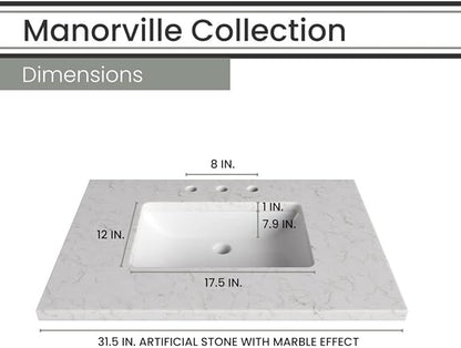 Hanover Manorville 31'' Vanity Cabinet with Sink Combo for Bathroom, Powder Room | Pre-Assembled Cabinet | 2 Doors, Bottom Shelf | Artificial Stone Marble Countertop, White Cabinet | HANVN0101-31-1WH