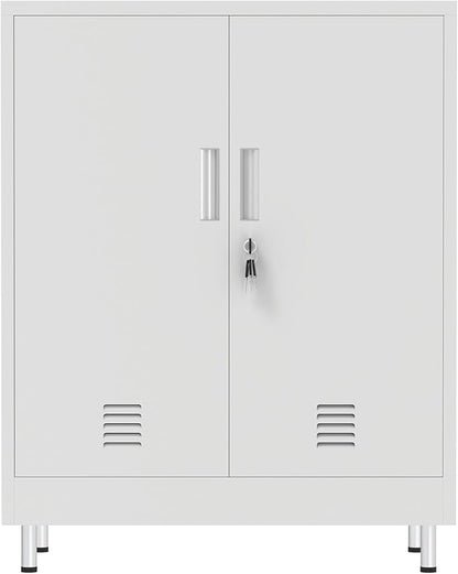 Metal Storage Cabinet with Locking Doors and Adjustable Shelves, Small Lockable Storage Cabinet for Home Office Garage Pantry Entryway Living Room (White)