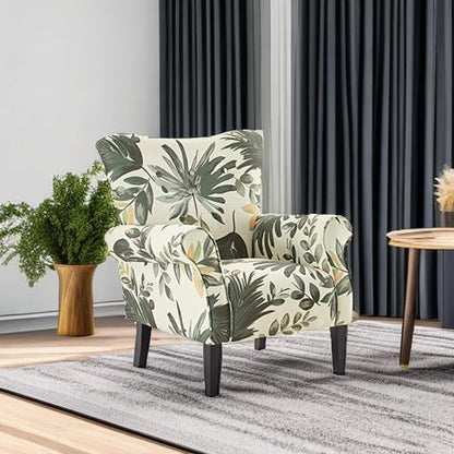 BELLEZE Modern Accent Chair, High Back Armchair, Upholstered Wingback Side Chair, Padded Single Sofa with Wooden Legs for Living Room, Bedroom - Green Floral