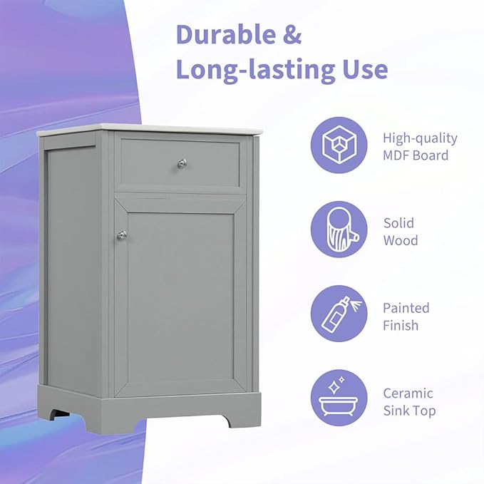 20" Bathroom Vanity with Sink, Wooden Bathroom Storage Cabinet with Soft Closing Door and Adjustable Shelve,Narrow Small Bathroom Cabinet for Small Space (20"× 18"×34"),Gray
