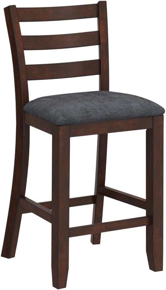 COSTWAY Set of 4 Counter Height Bar Stool, 25.5-Inch Upholstered Bar Stools with Solid Rubber Wood Frame, Foam-Padded Cushion, Footrest, Kitchen Chair for Bistro, Living Room, Grey and Brown