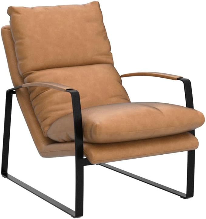 Art Leon Set of 2 Genuine Leather Accent Chairs, Mid Century Modern Lounge Chair Living Room Sofa Chair with Black Metal Frame, Light Brown