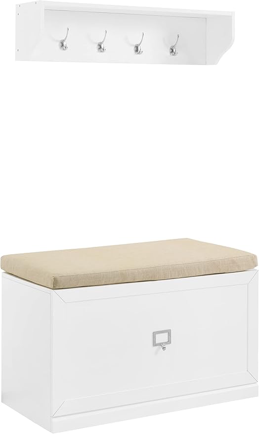 Crosley Furniture Harper 2-Piece Entryway Set with Shoe Rack Storage Bench and Wall Shelf with Coat Hooks, White