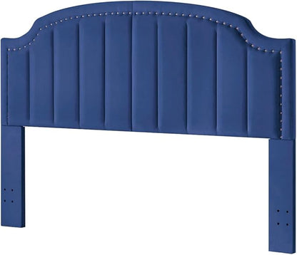 24KF Upholstered Channel Pattern King Headboard with Silver Nailhead Trim, Comfy Velvet Headboard King/CA King, 6052-K-Navy