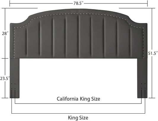 24KF Velvet Fabric Upholstered King/California King Headboard with Nail Trims, Modern Vertical Channel Design with Curved King Headboard, 6052-K-Dark Gray