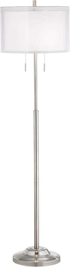 Possini Euro Design Roxie Modern Standing Floor Lamp 65.5" Tall Brushed Nickel Silver Double Layer Sheer Linen Fabric Drum Shade Decor for Living Room Reading House Bedroom Home