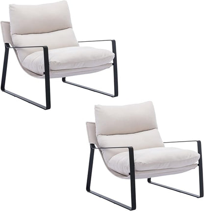 HEAH-YO Modern Accent Chairs Set of 2, Chenille Fabric Living Room Chairs with Removable Cushion and Solid Metal Frame, Comfy Reading Chairs for Bedroom, White