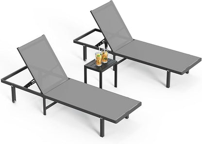 Pool Lounge Chairs Set of 3 (2 Loungers + 1 Side Table)，Outdoor Lounge Chairs with Wheels and 5-Position Recliner, Aluminum Patio Lounge Chair for Poolside, Deck (Darkgray)
