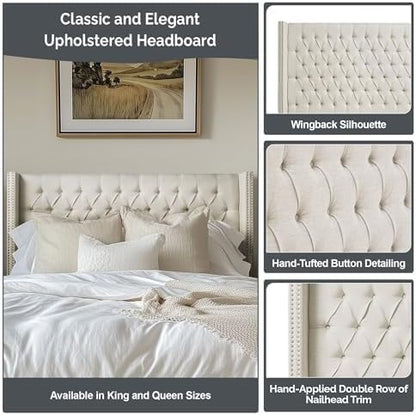 Madison Park Queen Button Tufted Headboard, Adjustable Upholstered Transitional Wingback Headboard, Nailhead Trim, Wooden Frame, Black Metal Legs, Flush Flat Back, Vintage Bedroom Décor Amelia - Navy