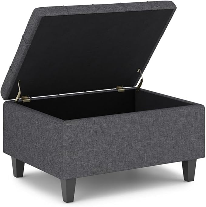 SIMPLIHOME Harrison 34 inch Wide Transitional Rectangle Small Coffee Table Storage Ottoman in Slate Grey Linen Look Fabric, Assembled, for the Living Room and Bedroom