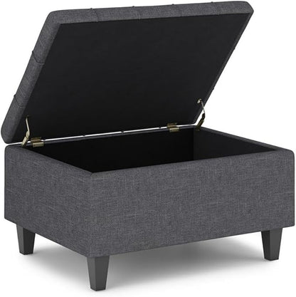 SIMPLIHOME Harrison 34 inch Wide Transitional Rectangle Small Coffee Table Storage Ottoman in Slate Grey Linen Look Fabric, Assembled, for the Living Room and Bedroom