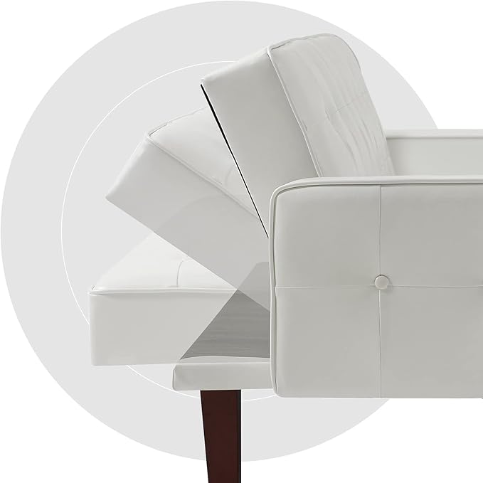 74" Loveseat Sofa with Vintage Button Tufting, Faux Leather Convertible Sleeper Futon Sofa Bed with Spring Cushion and Wood Legs for Apartments, Offices, Reception Areas, Living Rooms, White
