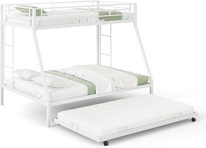 Giantex Twin Over Full Bunk Bed with Trundle, Heavy-Duty Metal Triple Bunk Beds w/Two Side Ladders & Safety Guard Rail, 3 in 1 Bunk Beds for Kids Teens, No Box Spring Needed,White